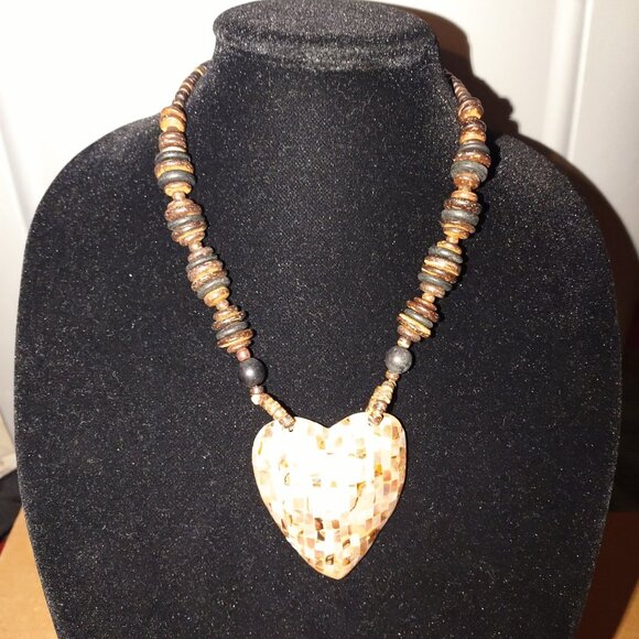 Handcrafted Heart Pendant Necklace With Beaded Brown Tones & Mosaic Shell Design - Picture 4 of 9